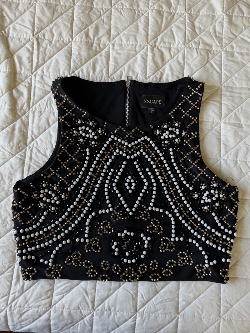 Y2K / 90s Beaded XSCAPE Black with Gold, Black, and White Beaded Pattern Tank